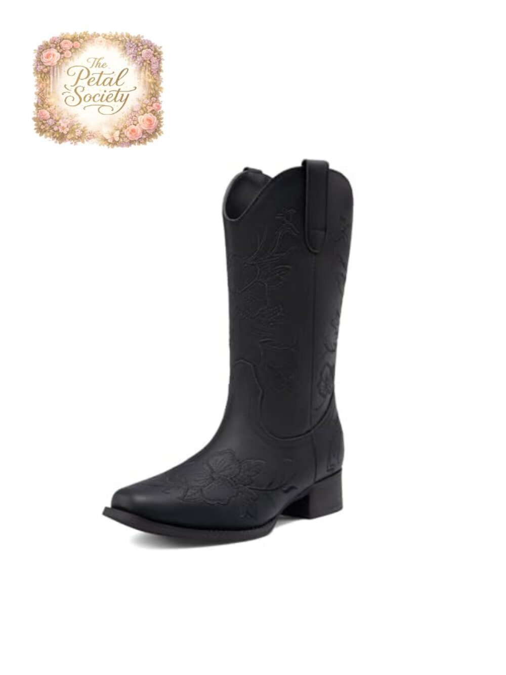 Faux Leather Mid-Calf Western Cowboy Boots with Floral Embroidery and Low Heel